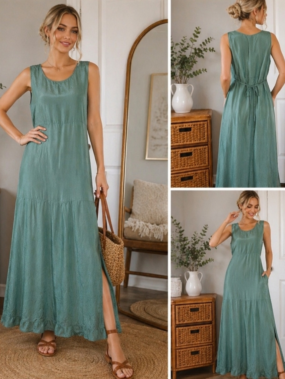 River Road Silk Blend Green Maxi Dress Sleeveless Slit Boho Resort S/M